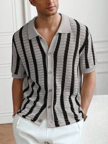 Manfinity CityGents Camisa masculina listrada de manga curta e abotoamento simples em malha. - Multicolorido - Ver 6