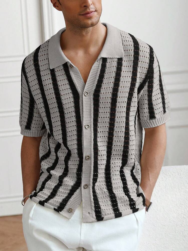 Manfinity Homme Old Money Men's Striped Short Sleeve Hollow-Out