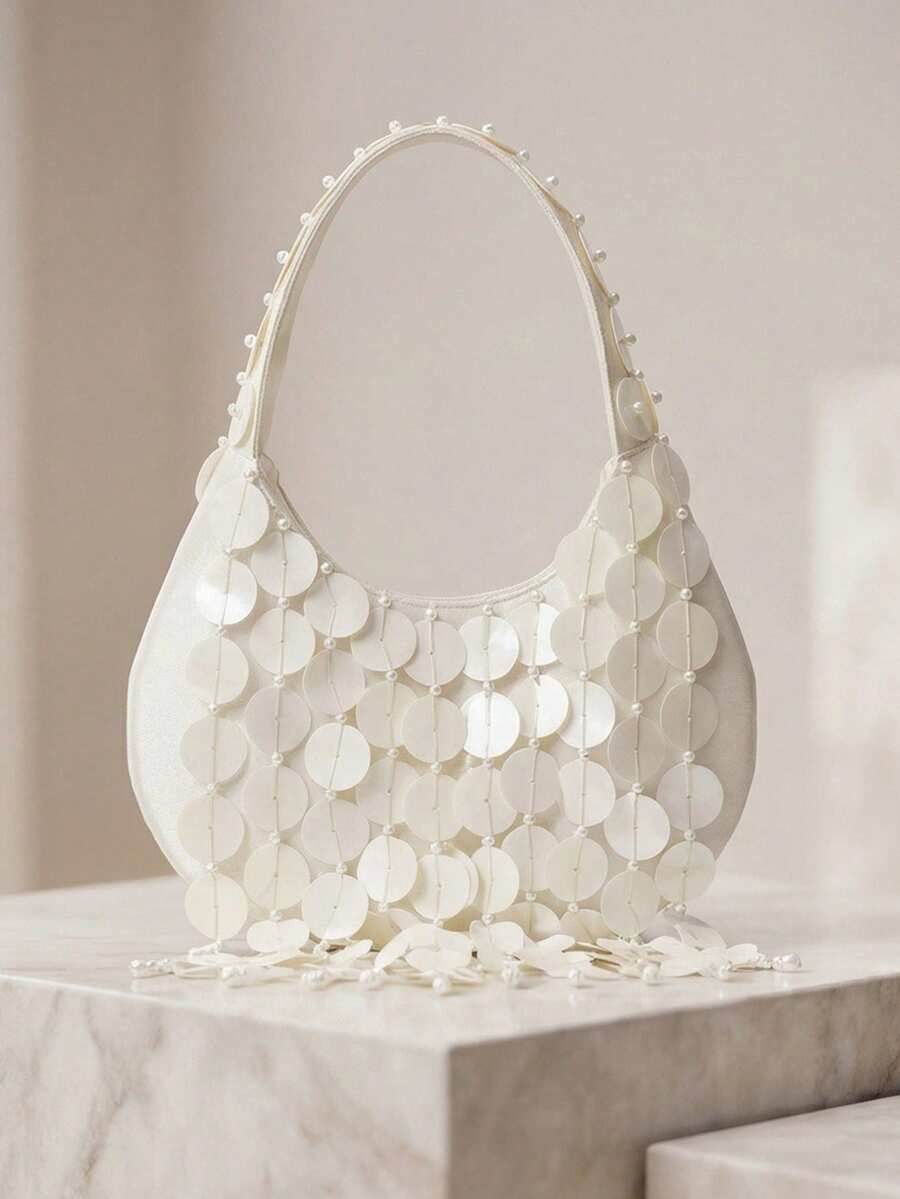 MUSERA 女士时尚简约优雅奢华手工串珠亮片流苏手提包，晚宴包，适合鸡尾酒会、派对、舞会、俱乐部、约会、生日、晚宴、宴会、婚礼等场合。 - 米色 - 查看 1