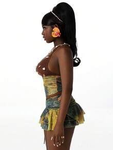 Amplova 2pcs/Set Halter Neck Crop Top & Low Waist Ruffle Hem Mini Skirt, Sexy Avant-Garde Boho Style Backless Details, Suitable For Holiday - Multicolor - View 8