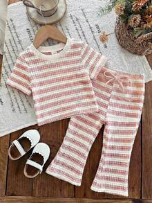 SHEIN LMoss Kids 2件套女婴针织条纹圆领T恤和裤子套装 - 黑與白 - 查看 4