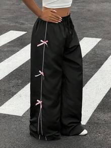Muchica Woven Black Pants With Pink Bow Decor Casual Wide Leg Trousers Baggy Pants - Black - View 5