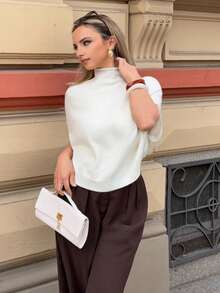 Jeta Ari Áo len nữ thanh lịch, dáng rộng, cổ đứng, tay ngắn, màu trắng/be, kiểu dáng oversized, áo chui đầu thời trang thu đông mới, đa năng, thích hợp cho mùa xuân. - Màu be - Xem 7