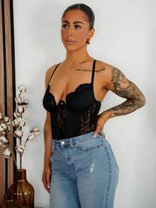 SAYEHFBABY Y2K 春季庆典服装 - 女式蕾丝拼布紧身细肩带露背高腰贴身吊带背心 - 黑色 - 查看 1