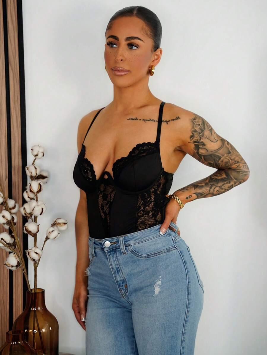 SAYEHFBABY Y2K 春季庆典服装 - 女式蕾丝拼布紧身细肩带露背高腰贴身吊带背心 - 黑色 - 查看 1