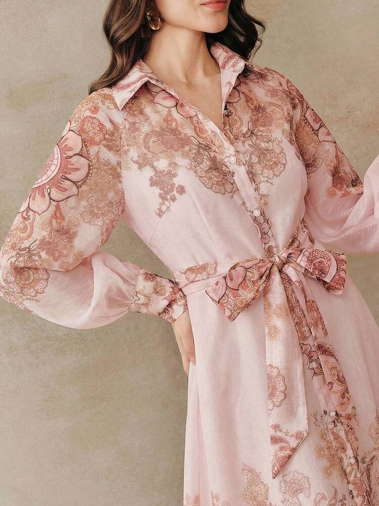 Elegant Pink High-End Floral Waist Tie Long Dress, Spring/Summer
