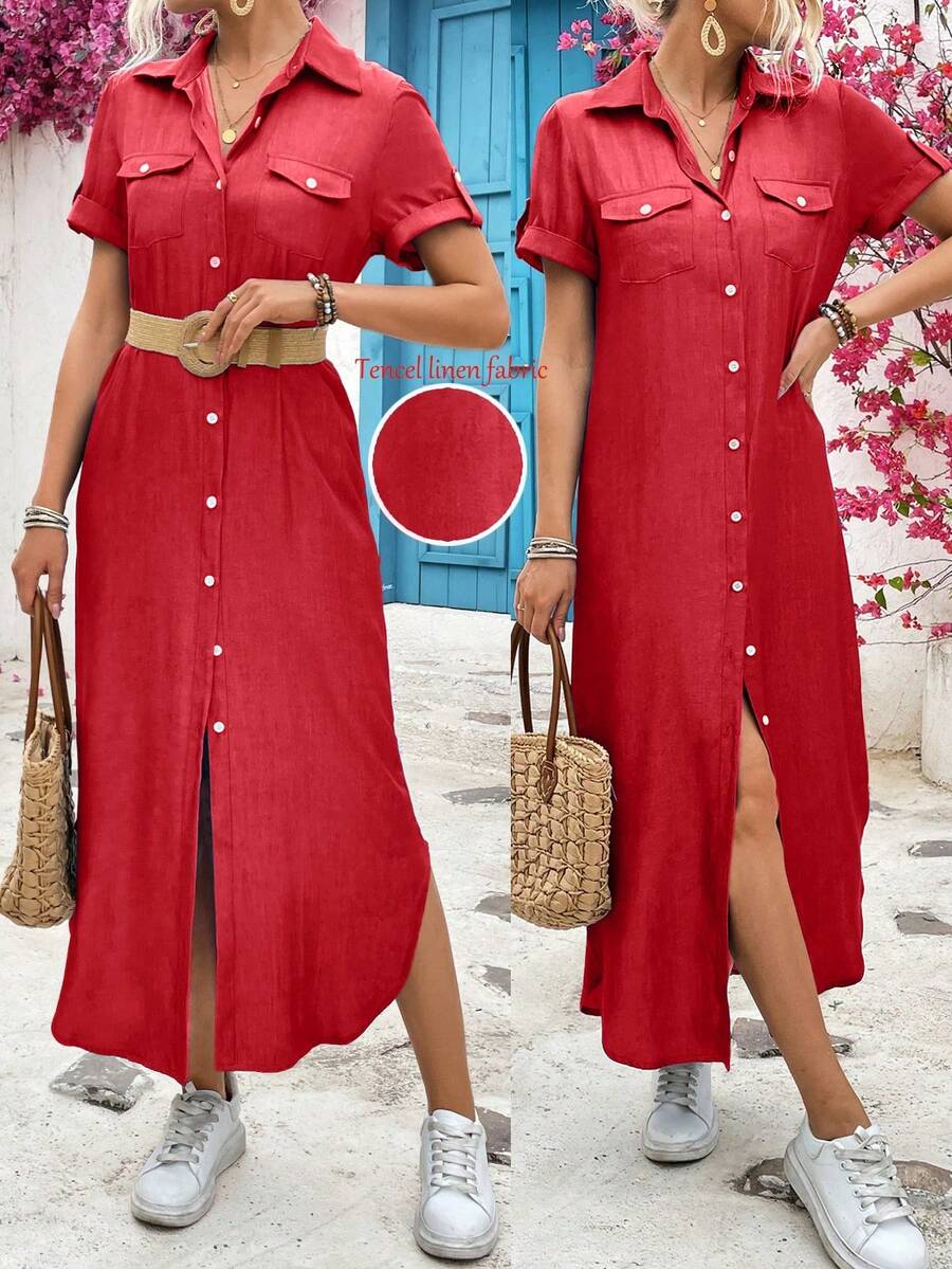 EMERY ROSE Ladies' Summer Denim Effect Fabric Long Shirt Dress Maxi Women Outfit - Red - View 1