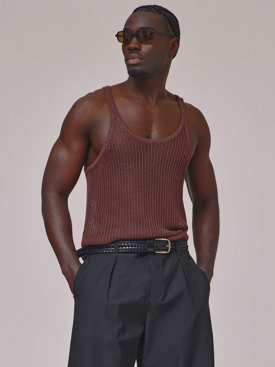 Musero Camiseta sin mangas de ganchillo con cuello bajo circular, chaleco transparente, esencial para primavera y verano, ideal para vacaciones - Marrón Chocolate - Ver 1