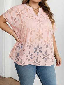 SHEIN CURVE+ 大码纯色印花短袖衬衫 - 粉色 - 查看 9