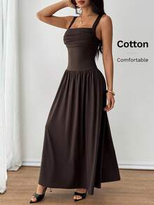 SHEIN PETITE Đầm nữ màu nâu cà phê trơn thanh lịch, cổ vuông, dáng xòe, chất liệu cotton, thích hợp cho mùa xuân/hè. - màu nâu - Xem 6