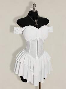 SHEIN ICON 大码女式黑色褶皱提花腰带拼接荷叶边露肩多层荷叶边下摆A字雪纺迷你连衣裙，适合派对和休闲场合 - 白色 - 查看 7