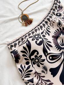 Soleia Plus Size New Asymmetric Neck Backless Summer Boho Floral Print Top For Women, Vacation Holiday Beach Vacation Party Festival Beige - Black and White - View 7