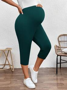 Plussiva Dark Green,Summer,Smart Casual,Everyday Plus Size Pregnant Women's Solid Color Capri Leggings,Stretchable Maternity Pants For Yoga  Gym Outfits - Dark Green - View 4
