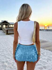 女士印花修身圆领吊带背心 - 白色 - 查看 2