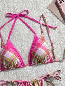 Swim Vcay New Arrival Spring/Summer Plaid Contrast Color Trim Triangle Cup Tie-Up Swimwear Set For Women,2-In-1 Design Bikini Golf White Sexy - Multicolor - View 5