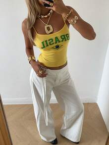 SHEIN EZwear 夏季綠黃針織印花細肩帶背心女款 巴西風上衣套裝 波多黎各度假 2件組 日常街頭穿搭 Y2K - 鵝黃色 - 查看 5