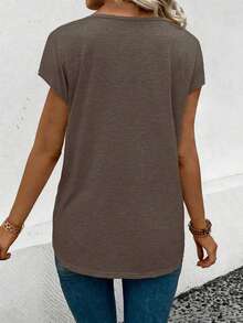 EMERY ROSE Women's Solid Color V-Neck Short Sleeve Casual Versatile T-Shirt - Coffee Brown - View 2
