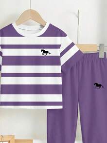 Bubblio 2pcs Baby Boys Casual Loose Sports Set, Includes Striped Print Short Sleeve T-Shirt And Relaxed Fit Pants, Suitable For Spring And Summer - Multicolor - View 5