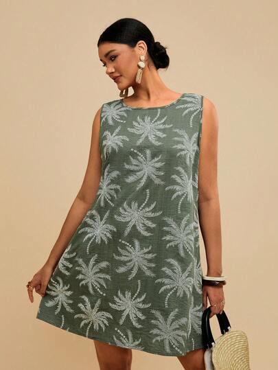 Travachic Plus Size Women Summer Casual Vacation Tropical Print Sleeveless Loose Dress