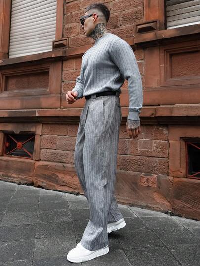 Artur Kramer 秋季大码男士灰色竖条纹梭织阔腿裤