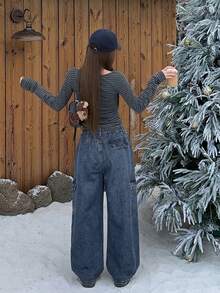 DAZY Women's Pocket Button Casual Versatile Daily Wear Wide Leg Jeans - Blue - View 2