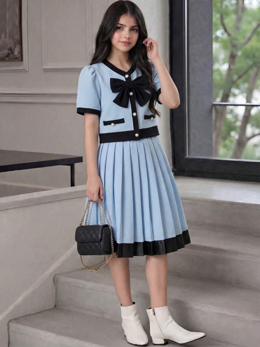 Tween Girl Spring/Summer V-Neck Bowknot Decor Button Front Top And High Waist Pleated Skirt Set, Sweet & Outfit For Party/Commute