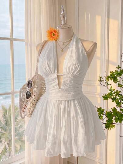 Comfortcana Đầm chiffon trắng có họa tiết, kiểu dáng thường ngày, cỡ lớn, thích hợp cho kỳ nghỉ.