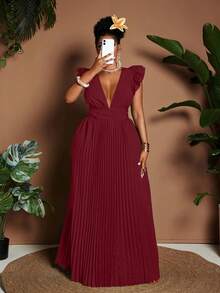 大码V领短袖褶皱露背优雅连衣裙 - 酒紅色 - 查看 4