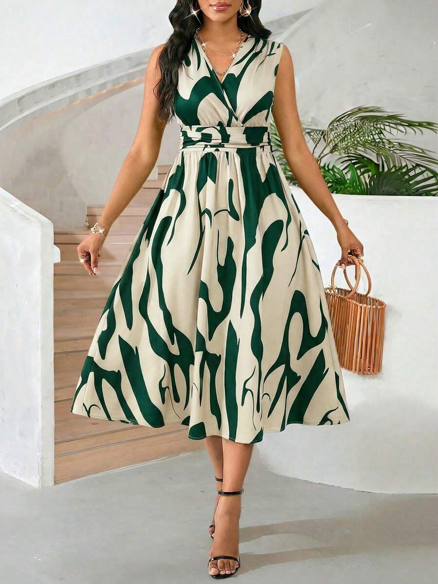 SHEIN Lady Gaun Wanita Bergaya Liburan dengan Motif Cetak Seluruh Permukaan dan Detail Kerut, Cocok untuk Bepergian, Gaun Musim Panas untuk Wanita - MultiWarna - View 1