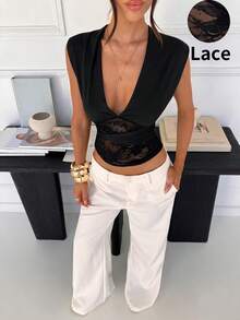 Siren Gaze New Summer Style Women's Top With Two-Way Lace Trim, Sexy Backless Halter Neck Lace V-Neck Top, Sleeveless Slim-Fitting Sheer Mesh Short T-Shirt, Elegant Women's Top. Tops For Women Summer Cute Women Summer Outfits Sexy Tops For Ladies - Black - View 4