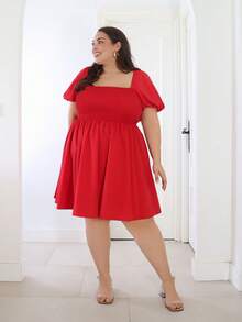 Pretty and Ole Robe de Princesse Minimaliste Romantique grande taille Printemps/Été, Col Rond unicolore, Style Campus, Vacances, Saint Valentin, Pâques, Mariage, Dos Ajouré, Manches Lanterne et nœud - Rouge - Voir 4