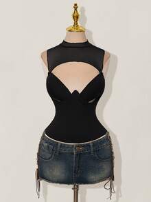 SHEIN ICON 网眼拼接不规则镂空钢圈女式背心 - 黑色 - 查看 3