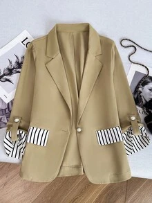 Franclia 2026 New Women's Fashion Lightweight Blazer,Three-Quarter Sleeves Striped Details Pearl Buttons Chic Summer Office Wear,Beige Elegant Business Jacket - Khaki - View 8