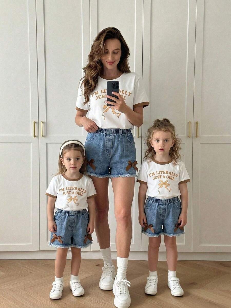 Elladie kids 女童休闲甜美日常圆领短袖露脐蝴蝶结印花T恤和松紧腰蝴蝶结牛仔短裤套装