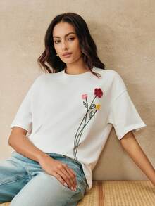 Anewsta Handmade 3D Crochet Floral Loose Dropped Shoulder Unique Design T-Shirt For Women - White - View 1