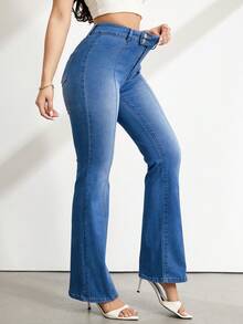 SHEIN Tall 女士高腰休闲百搭喇叭牛仔裤 - 中等水洗藍 - 查看 4