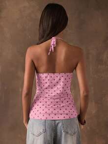 SHEIN BAE Áo hai dây nữ kiểu retro chấm bi nhún bèo buộc dây cổ chữ V hở lưng, gợi cảm, thích hợp cho kỳ nghỉ lãng mạn, tiệc trà chiều, đi biển, du thuyền, nghỉ dưỡng thành phố, mùa cưới, lễ hội âm nhạc, kỳ nghỉ phong cách bohemian. - Hồng - Xem 2