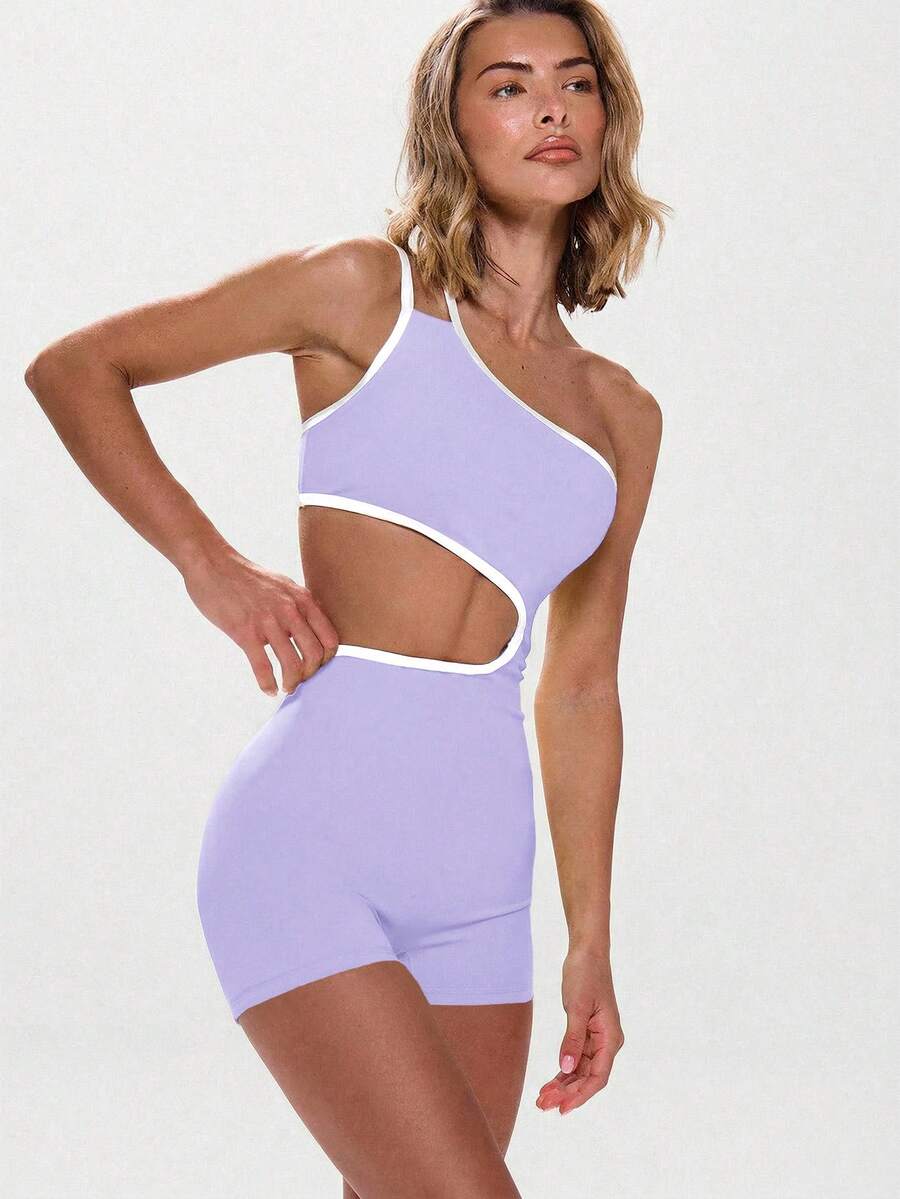 Musera Sport Asymmetrical Neck Contrast Trim Cut Out Unitard Active Workout Gympadel, Tennis, Pickleball Gym Fitness Yoga Pilates Daily Casual - Lilac Purple - View 1