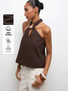 Maija Áo tank top nữ màu trơn tối giản cổ yếm buộc dây phía sau - Cà phê nâu - Xem 1
