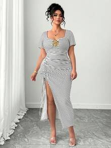 Elenzga Plus Size Women's New Elegant Casual Vacation Daily Black & White Striped Metal Flower Decor Slit Drawstring Short Sleeve Dress, Spring/Summer Ruched Dresses Dresses For Women Slit Dresses Striped Dresses Plus Size Striped Dress Womens Curve Dress Plus Size Zebra Print Dress Zebra Print For Women 2026 Hot Selling Style - Black and White - View 3