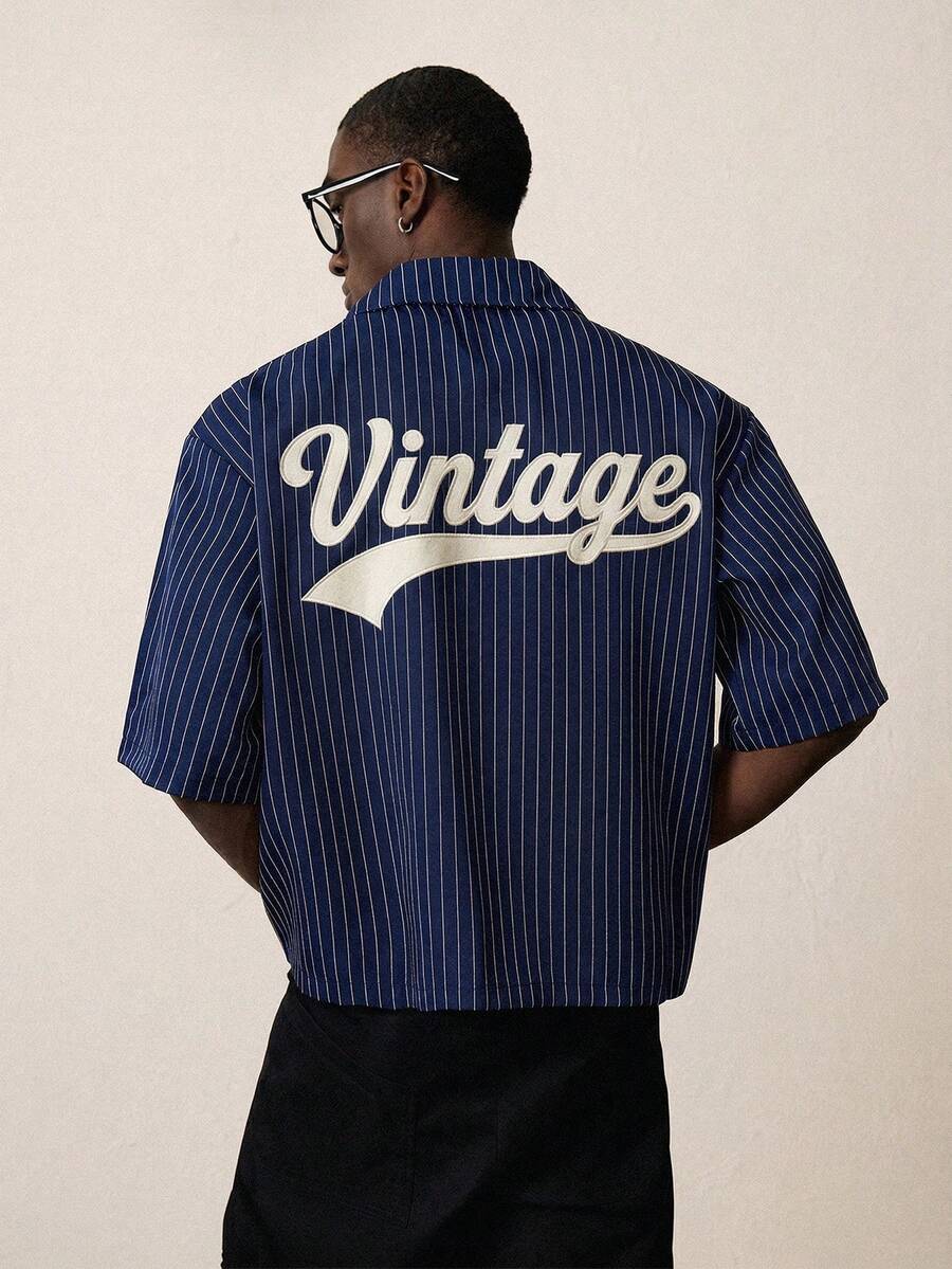 STYNVO Men's Casual Letter Embroidery Striped Front Button Shirt, Summer - Blue - View 1