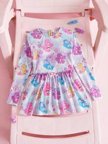 SHEIN X Care Bears 1件可爱风格女童连体泳衣，圆领长袖裙式泳衣，Carebear联名款女童泳衣 - 彩色 - 查看 1