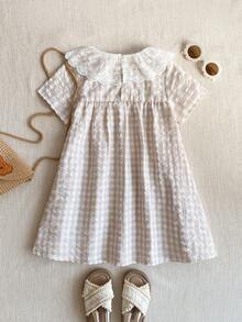 PrepCrw 1 chiếc đầm babydoll kẻ caro dáng rộng, cổ thêu thanh lịch dành cho bé gái, thích hợp cho các buổi đi chơi, tụ họp, lễ hội, mùa xuân và mùa hè. - Nhiều màu - Xem 3