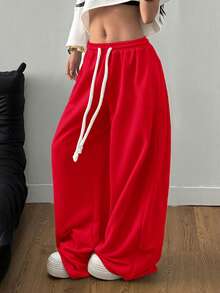 SHEIN Tall CURVE Quần Scimitar màu xám thoải mái, cạp chun co giãn, thích hợp cho nữ, kiểu dáng đường phố, đi chơi hoặc dạo phố. - Đỏ - Xem 4