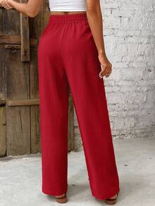 SHEIN PETITE CURVE Plus Size Women Solid Color Drawstring Waist Casual Versatile Daily Wear Pants Fall - Red - View 2