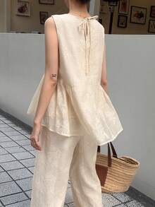FRIFUL 女士夏季休闲纯色宽松无袖上衣和裤子两件套家居服套装 - 杏色 - 查看 2