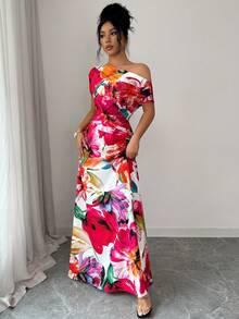 Flora Isola Flora Isola 女士新款时尚优雅简约印花不对称肩部及腰部荷叶边腰带A字长裙，适合通勤、新年、街头风、法式浪漫、休闲、中东复古、下午茶、派对、感恩节、返校季、春夏等场合。 - 彩色 - 查看 5