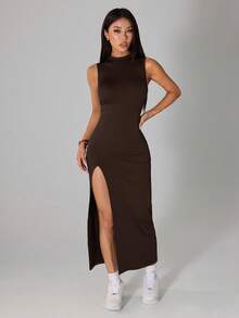 SHEIN PETITE 女士优雅休闲开衩连衣裙，轻盈透气，夏季女装 - 棕色 - 查看 6