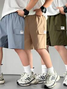 3件組青少年男孩寬鬆橄欖綠夏季休閒登山梭織素色運動工裝短褲套裝，簡約基礎百搭多色短褲 - 軍綠色 - 查看 2