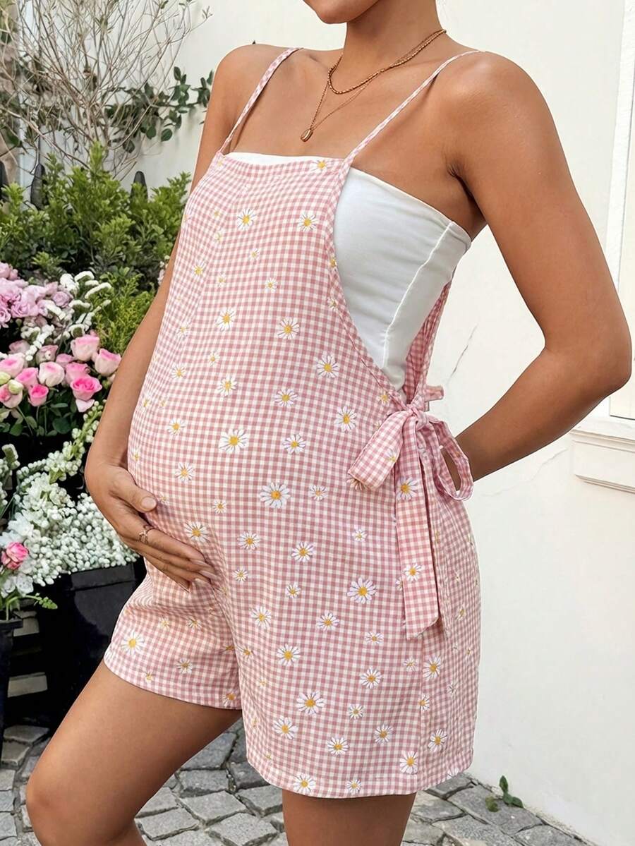 SHEIN 孕妇夏季休闲度假风雏菊格子印花侧系带连体衣 - 藕粉色 - 查看 1
